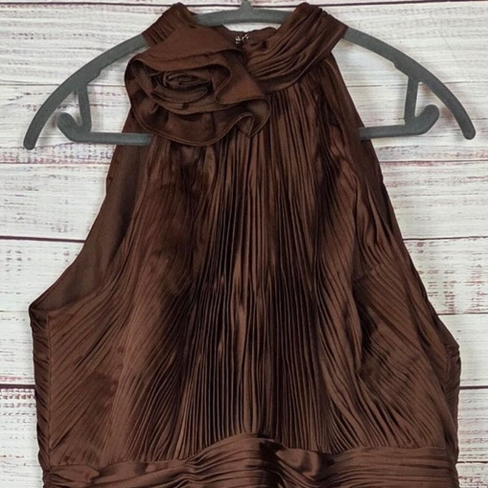 Mac Duggal Formal Tea-Length Dress 14 Cocoa Brown Asymmetric Pleated Ruffle NWT - Picture 5 of 16